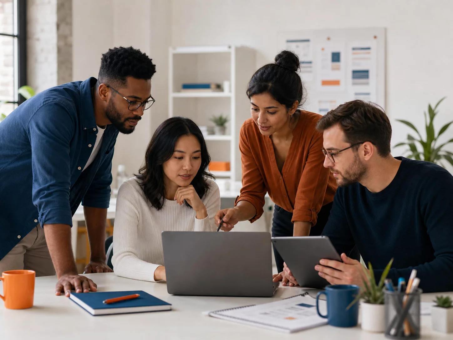 A team of email specialists reviewing template design and campaign performance together