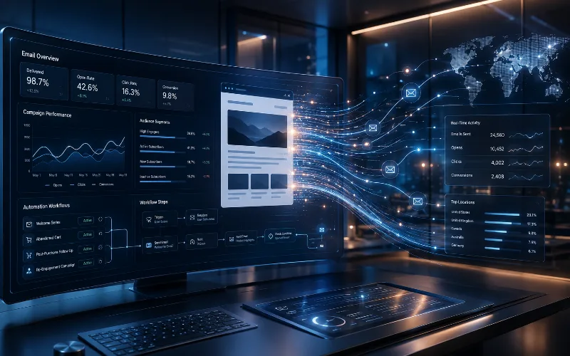 Email campaign dashboard connected to platform data and workflows