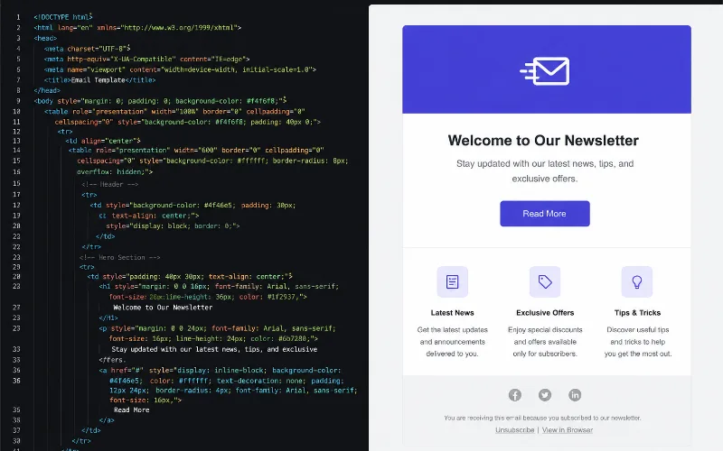Lean HTML email code beside its rendered template
