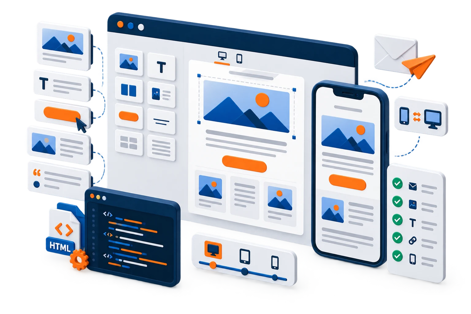 Email template production workflow with modular layouts, responsive previews, HTML coding, and quality assurance checks
