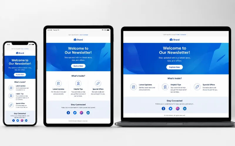 Responsive email displayed on mobile, tablet, and desktop screens