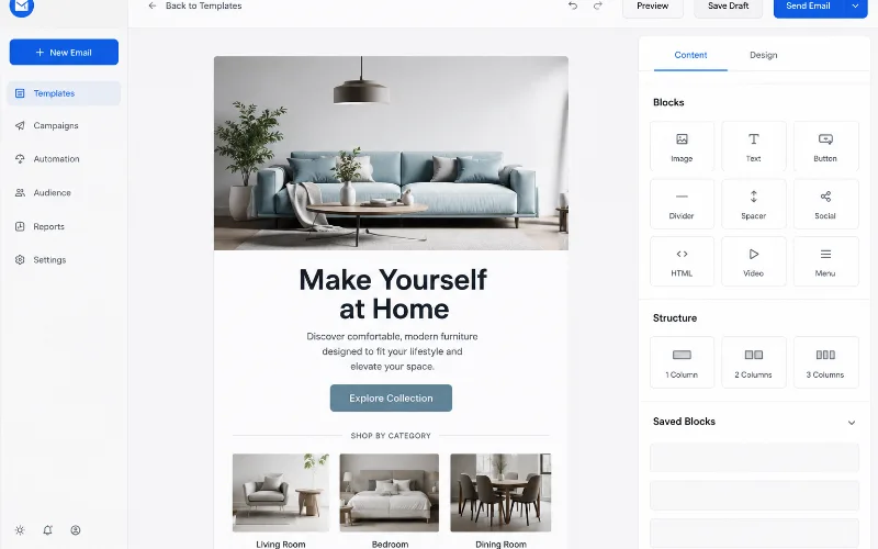 Email template editor showing a precisely designed campaign