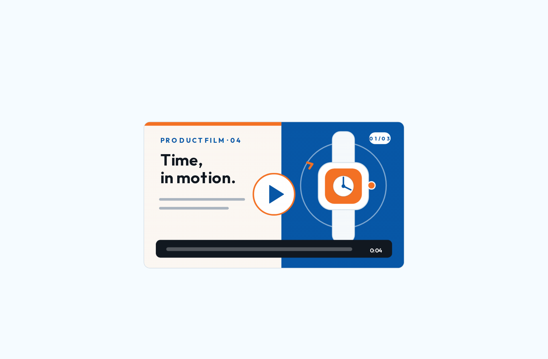 A premium in-email smartwatch product film uses centered play and pause controls with synchronized progress.