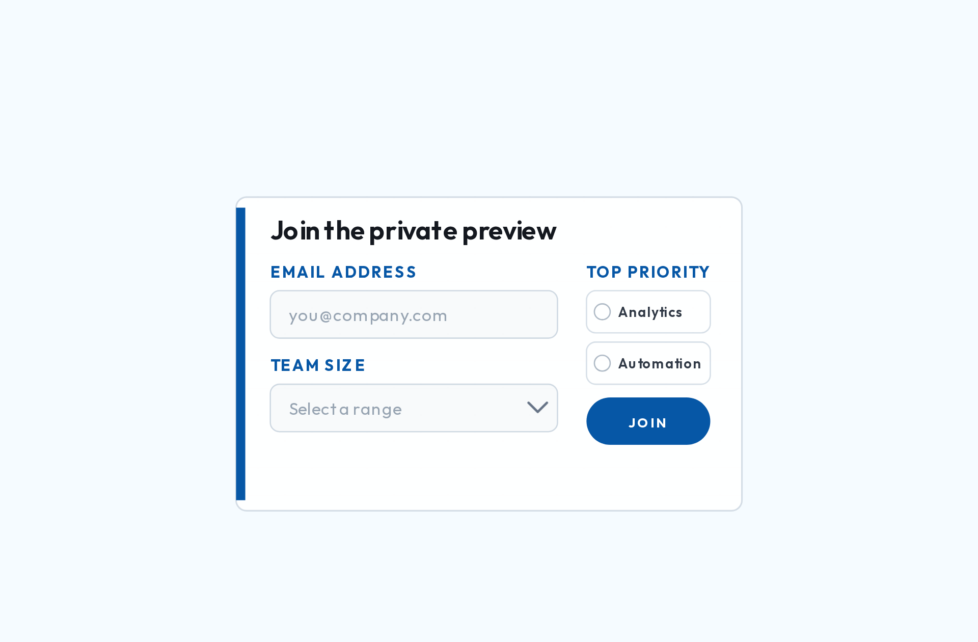 An integrated email form accepts an address, team size, survey preference, and submission.