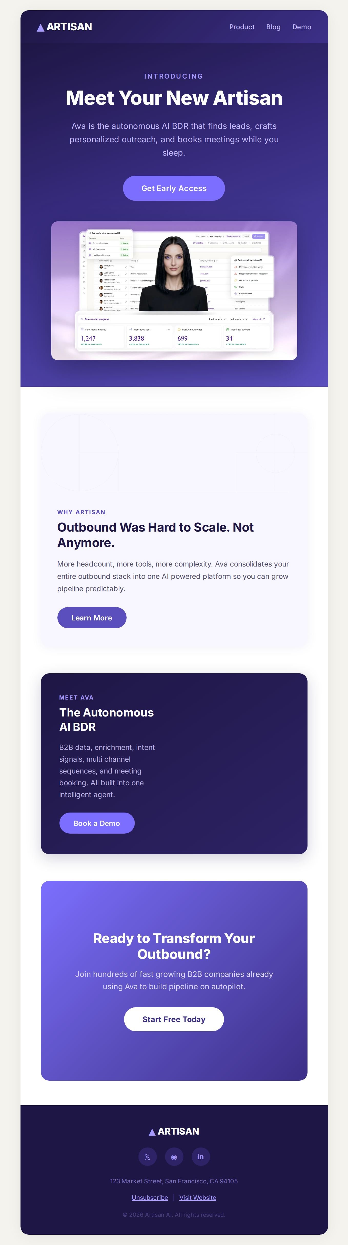 Artisan AI BDR interactive email template preview