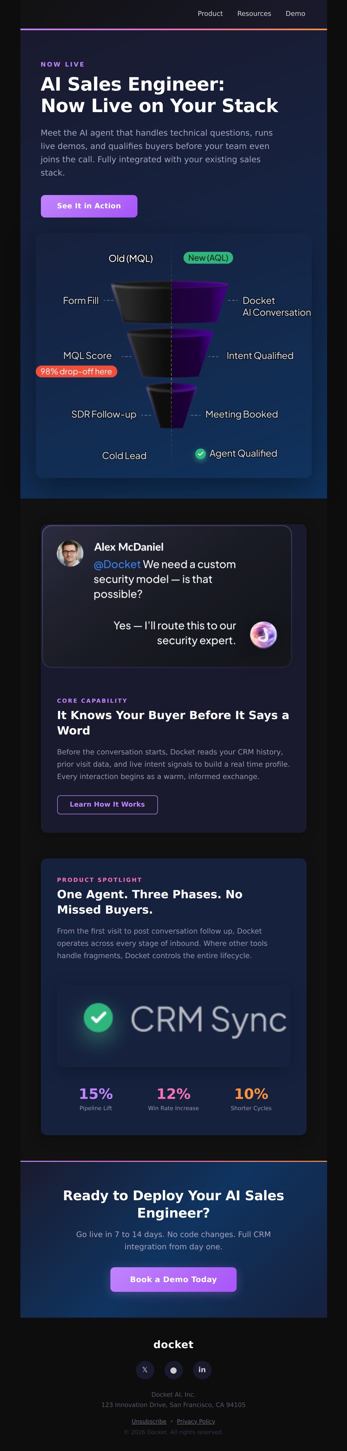 Docket AI Sales Engineer interactive email template preview