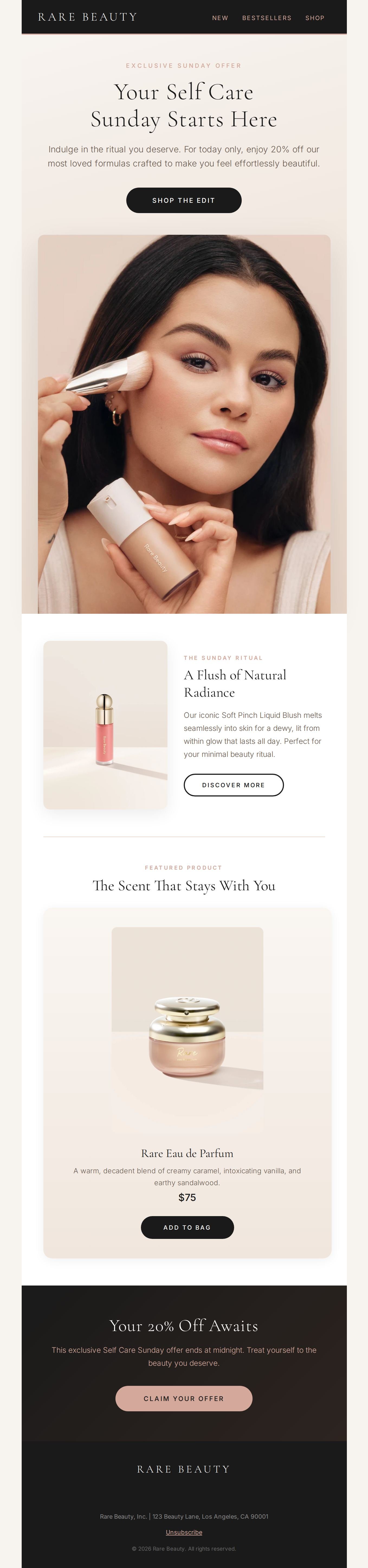 Rare Beauty Self-Care Sunday interactive email template preview