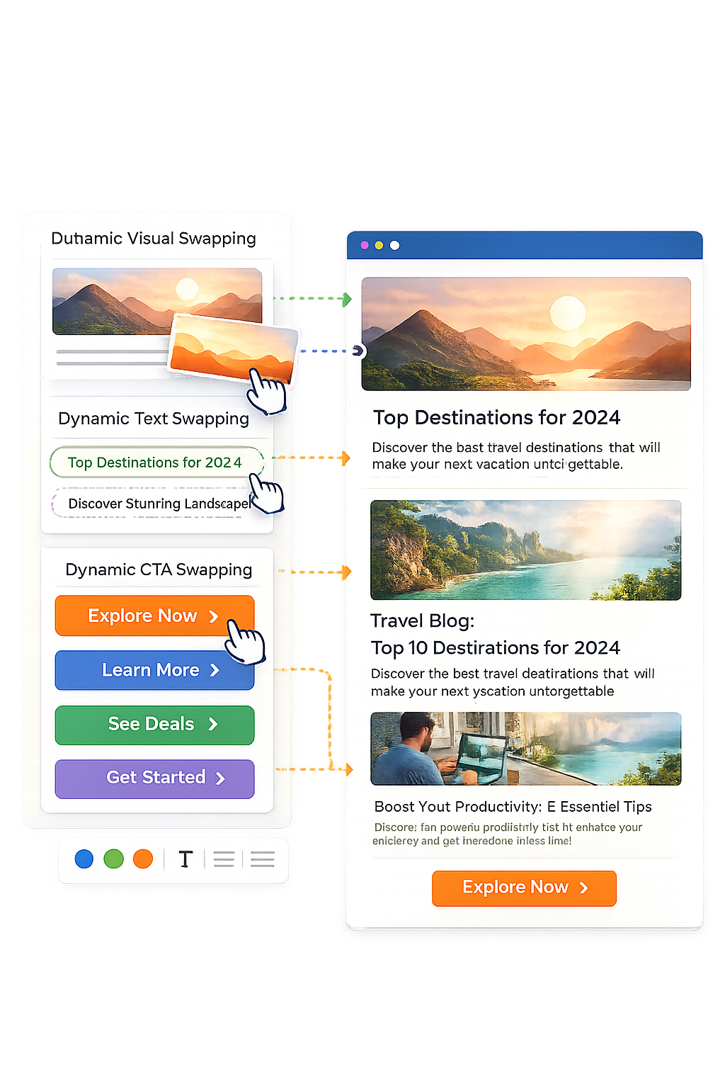 Modular email editor showing dynamic image, text, CTA, and layout controls
