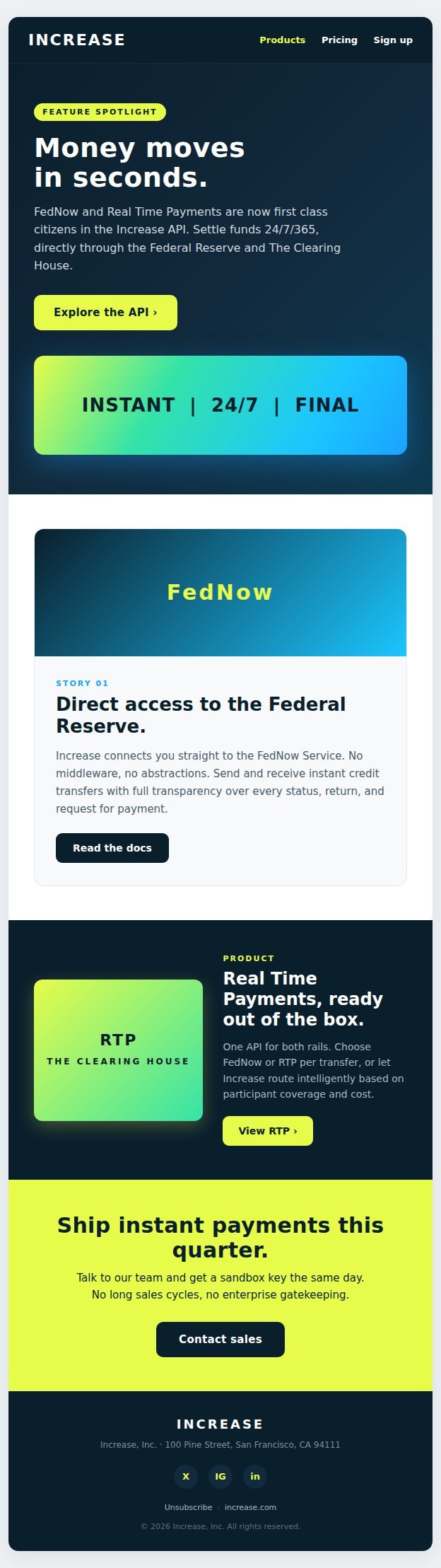 Increase FedNow modular fintech email template sample
