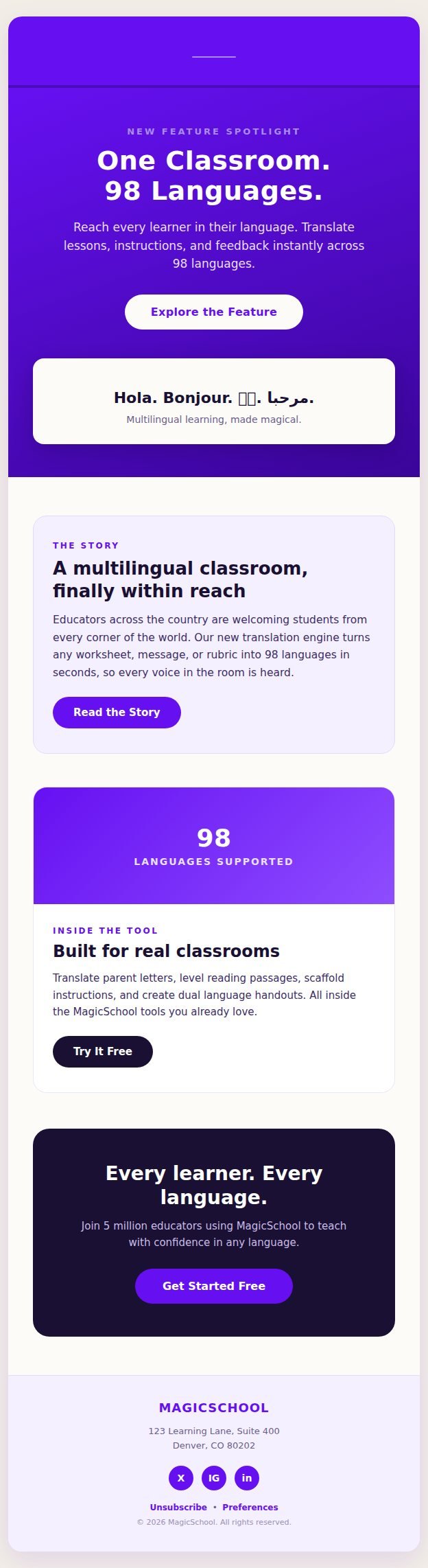 MagicSchool multilingual learning modular email template sample