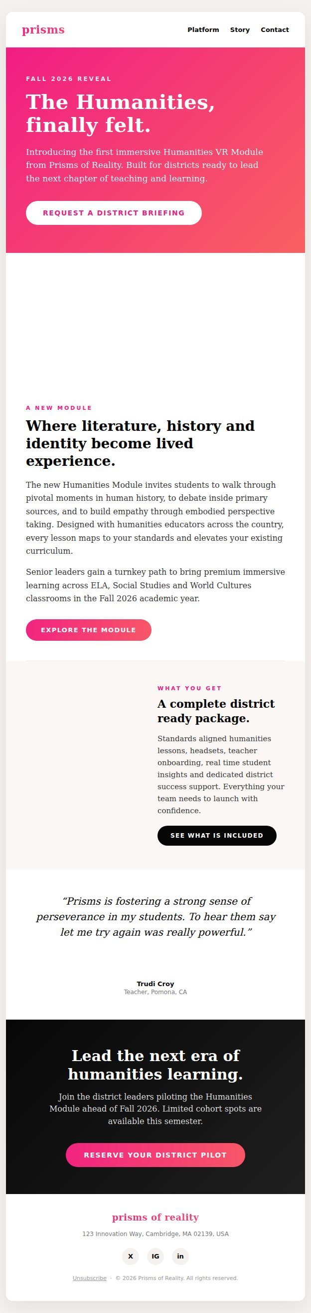 Prisms humanities VR modular education email template sample