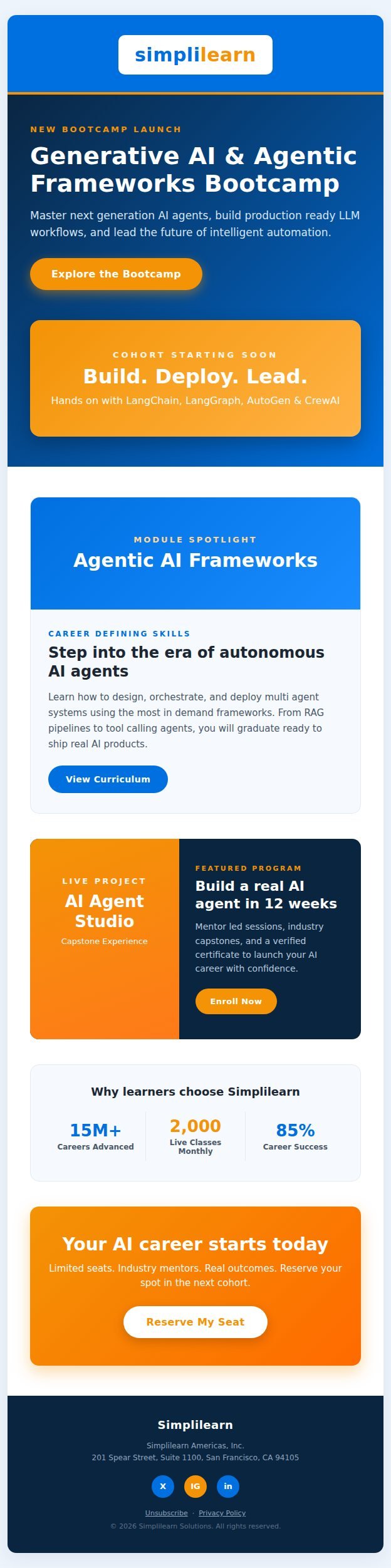 Simplilearn AI bootcamp modular email template sample