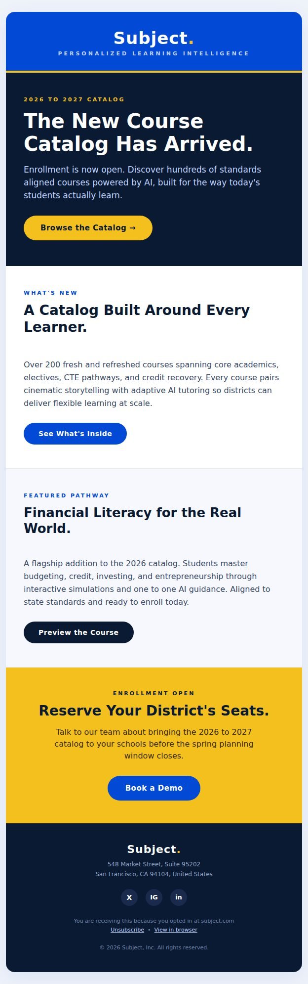 Subject course catalog modular education email template sample