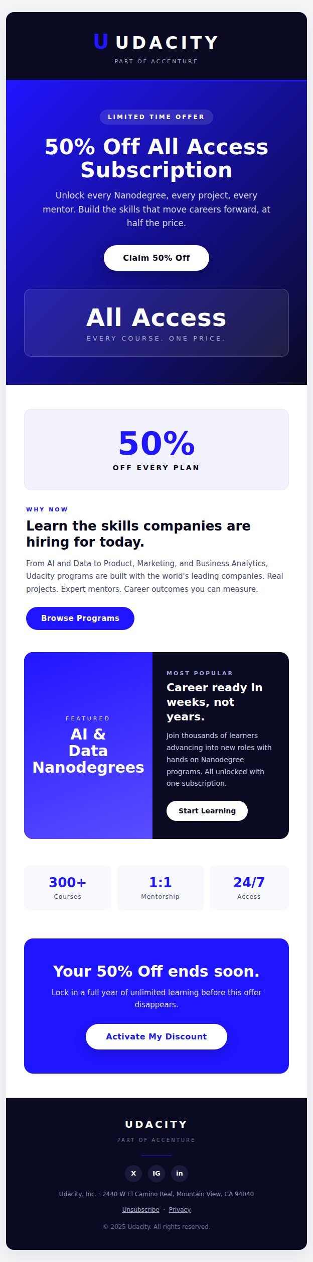 Udacity All Access modular promotional email template sample